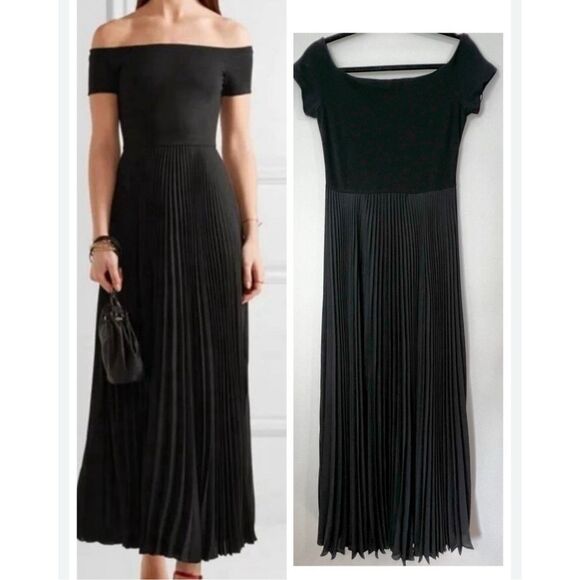 Alice + Olivia Dresses & Skirts - ALICE + OLIVIA Llana Black Midi Dress Size 8 Medium Off Shoulder Pleated Stretch